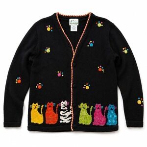 The Quacker Factory Cat Cardigan Womens S Black Cotton Knit Eclectic Kitten Cozy